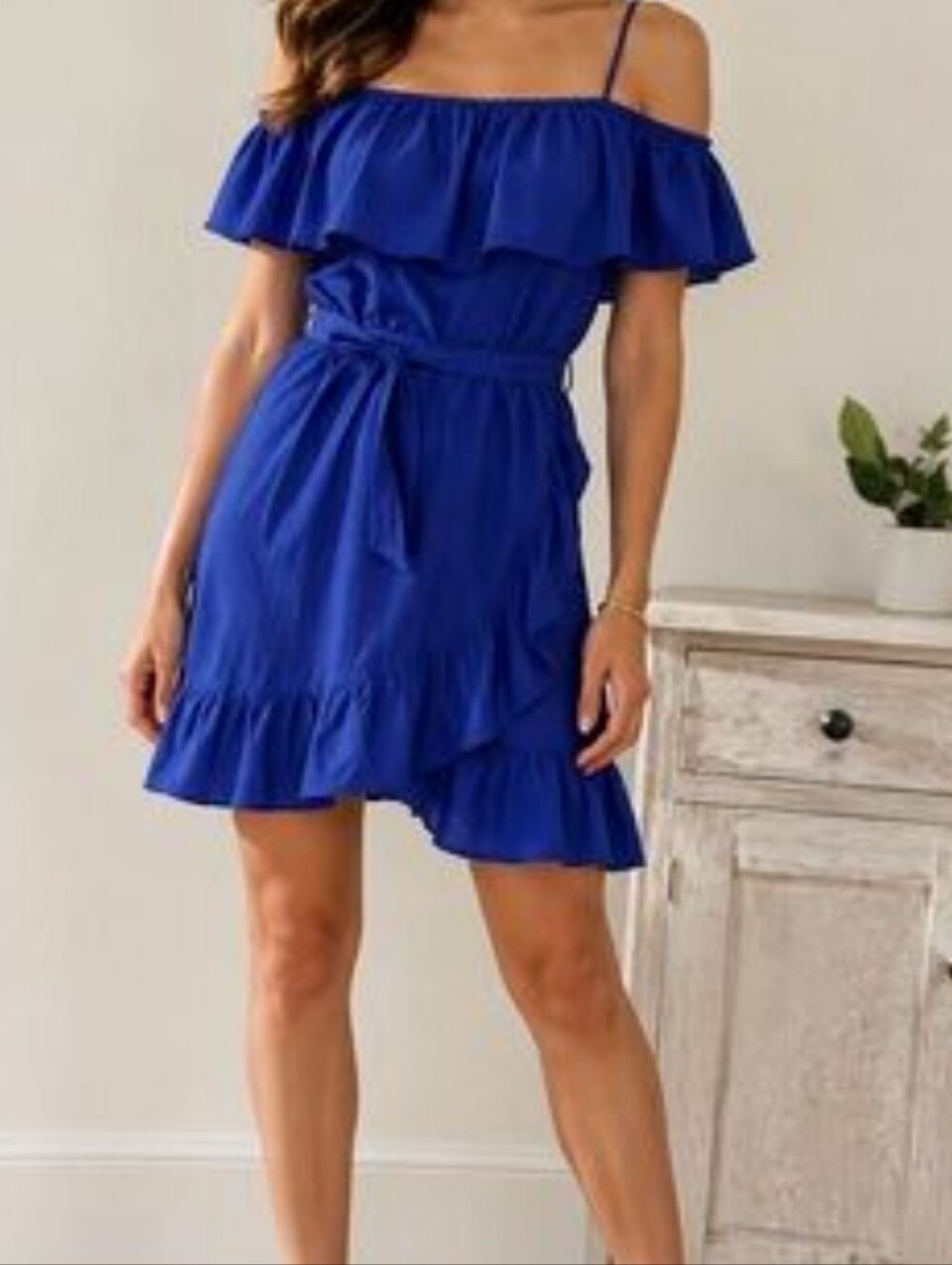 Indigo Blue Off The Should Ruffle Dress